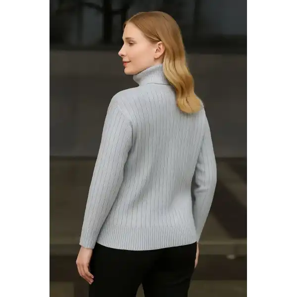 Kadın Balıkcı Yaka Bağazlı Triko Kazak Pamuklu Kalın Fitilli Dokuma - Gri