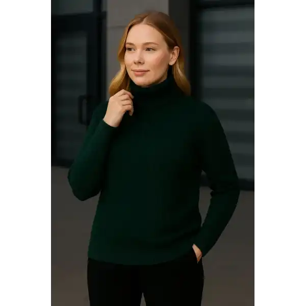 Kadın Balıkcı Yaka Bağazlı Triko Kazak Pamuklu Kalın Fitilli Dokuma - Haki