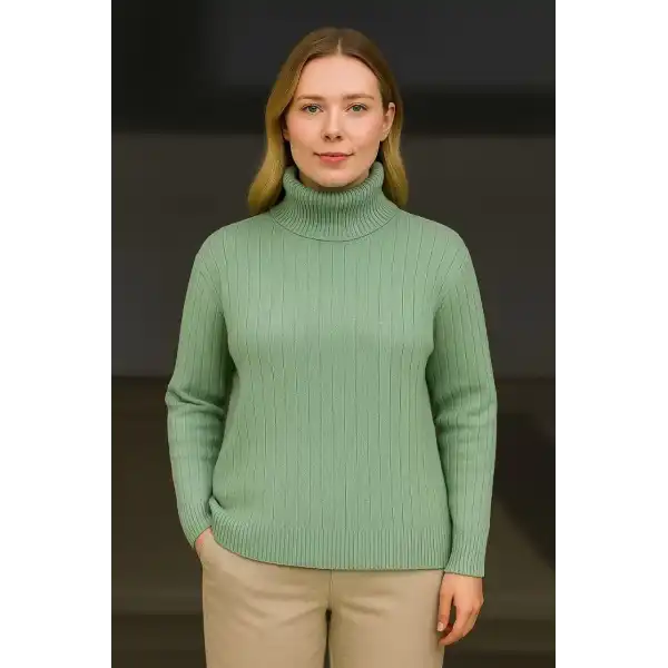 Kadın Balıkcı Yaka Bağazlı Triko Kazak Pamuklu Kalın Fitilli Dokuma - Mint Yeşili