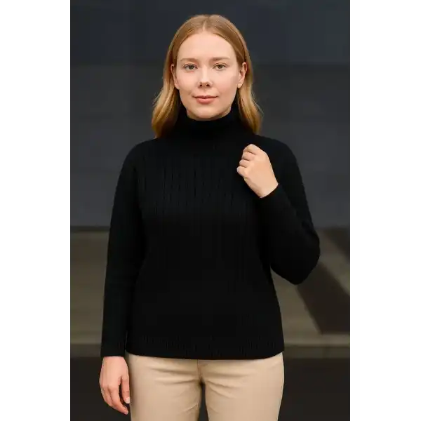 Kadın Balıkcı Yaka Bağazlı Triko Kazak Pamuklu Kalın Fitilli Dokuma - Siyah