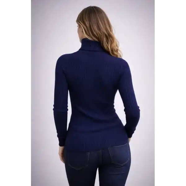 Kadın Balıkçı Yaka Boğazlı Triko Kazak Kalın Fitilli Regular Fit - Lacivert