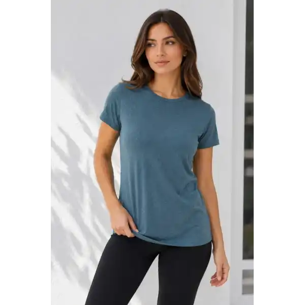 Kadın Basic Bisiklet Yaka Yazlık Slim fit T-Shirt - Mor & Petrol Mavisi