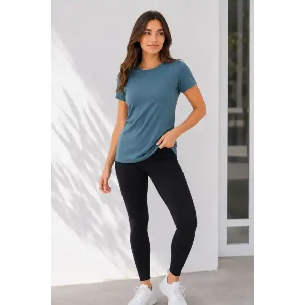 Kadın Basic Bisiklet Yaka Yazlık Slim fit T-Shirt - Mor & Petrol Mavisi