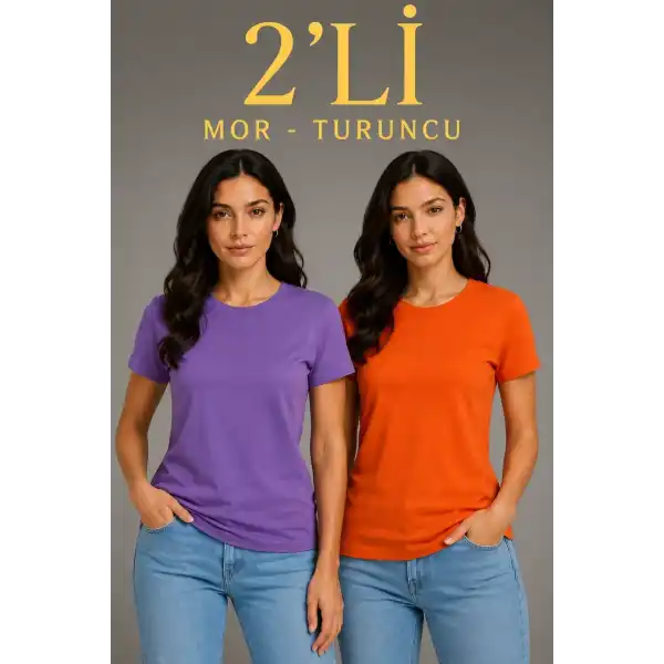 Kadın Basic Bisiklet Yaka Yazlık Slim fit T-Shirt - Mor  & Turuncu
