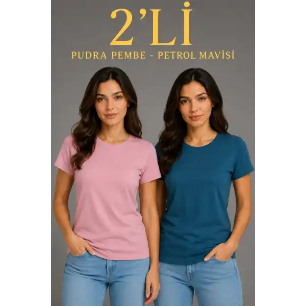 Kadın Basic Bisiklet Yaka Yazlık Slim fit T-Shirt - Pudra Pembe & Petrol Mavi
