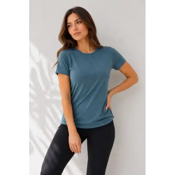 Kadın Basic Bisiklet Yaka Yazlık Slim fit T-Shirt - Pudra Pembe & Petrol Mavi