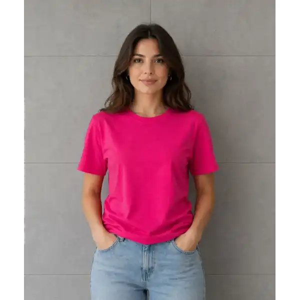 Kadın Basic Pamuklu Tişört Bisiklet Yaka Düz Renk Relaxed Fit T-Shirt - Fuşya