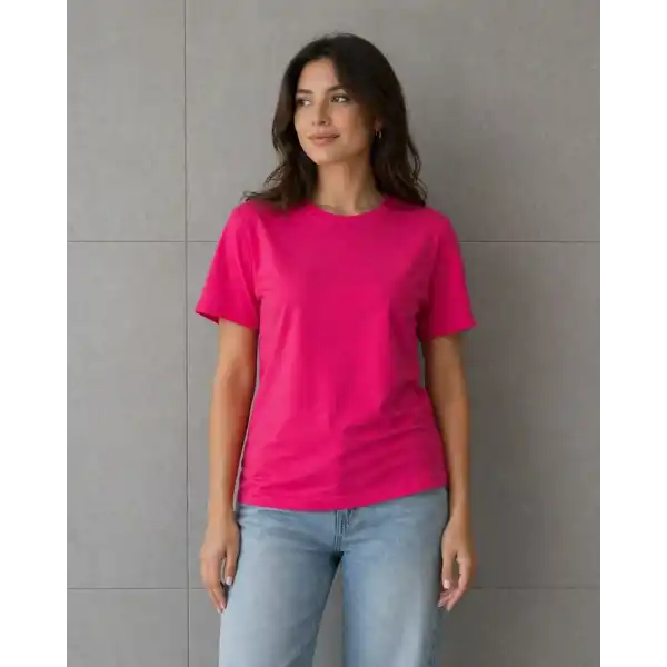 Kadın Basic Pamuklu Tişört Bisiklet Yaka Düz Renk Relaxed Fit T-Shirt - Fuşya
