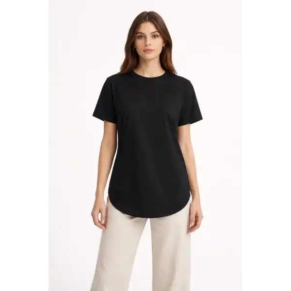 Kadın Basic T-Shirt Kısa Kol Bisiklet Yaka Oval Kesim Tişört - Siyah