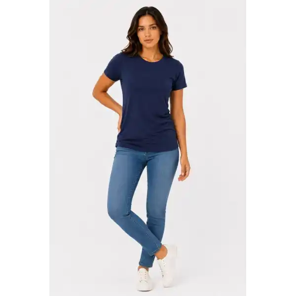 Kadın Basic Tişört Bisiklet Yaka Kısa Kol Günlük Yazlık Slim fit T-Shirt - Lacivert