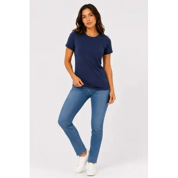 Kadın Basic Tişört Bisiklet Yaka Kısa Kol Günlük Yazlık Slim fit T-Shirt - Lacivert