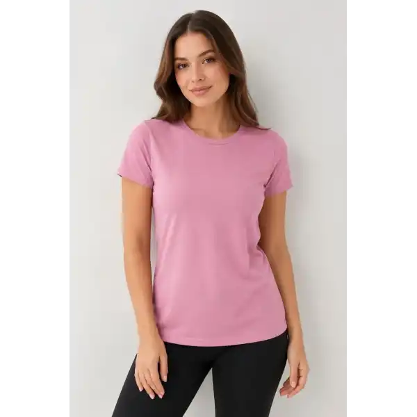 Kadın Basic Tişört Bisiklet Yaka Kısa Kol Günlük Yazlık Slim fit T-Shirt - Pembe