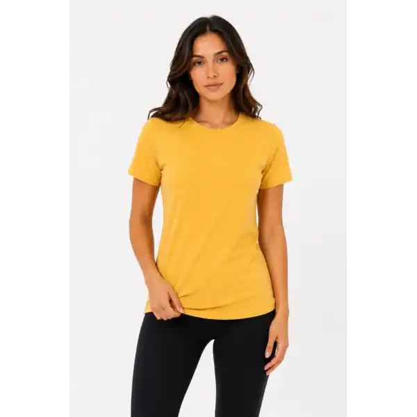 Kadın Basic Tişört Bisiklet Yaka Kısa Kol Günlük Yazlık Slim fit T-Shirt - Sarı