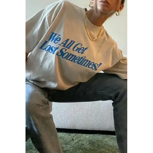 Kadın Baskılı Oversize kısa kol T-Shirt - Beyaz