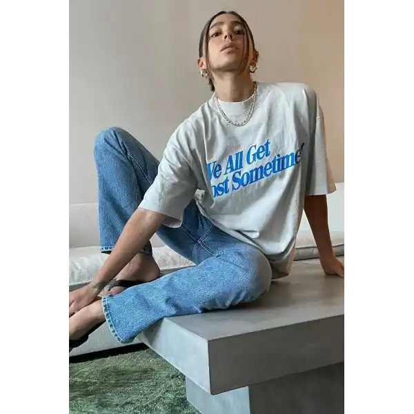 Kadın Baskılı Oversize kısa kol T-Shirt - Beyaz