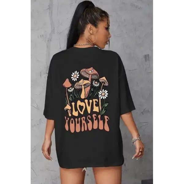 Kadın Baskılı Oversize kısa kol T-Shirt - Siyah
