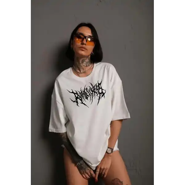 Kadın Baskılı T-Shirt Kısa Kol Bisiklet Yaka Oversize Rahat Kalıp Günlük Tişört   - Beyaz