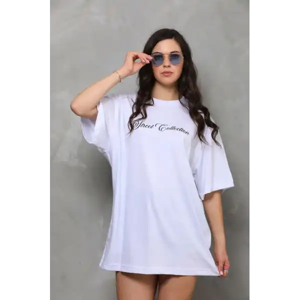 Kadın Baskılı T-Shirt Kısa Kol Bisiklet Yaka Oversize Rahat Kalıp Günlük Tişört - Beyaz