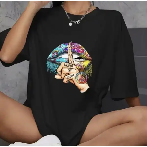 Kadın Baskılı T-Shirt Kısa Kol Bisiklet Yaka Oversize Rahat Kalıp Günlük Tişört   - Siyah