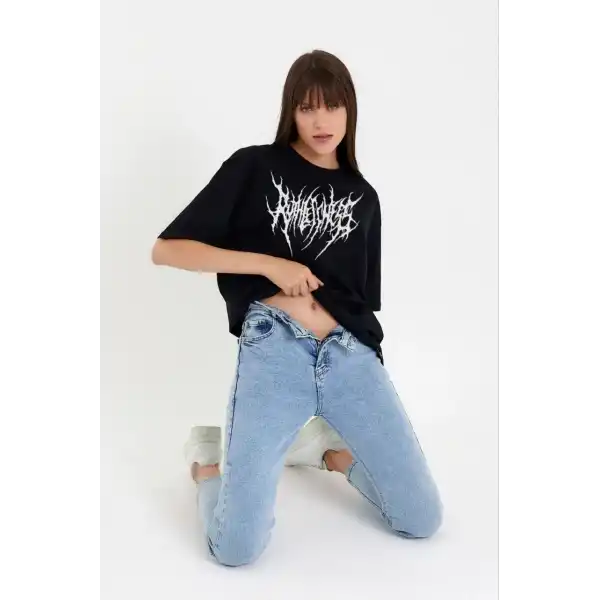 Kadın Baskılı T-Shirt Kısa Kol Bisiklet Yaka Oversize Rahat Kalıp Günlük Tişört   - Siyah
