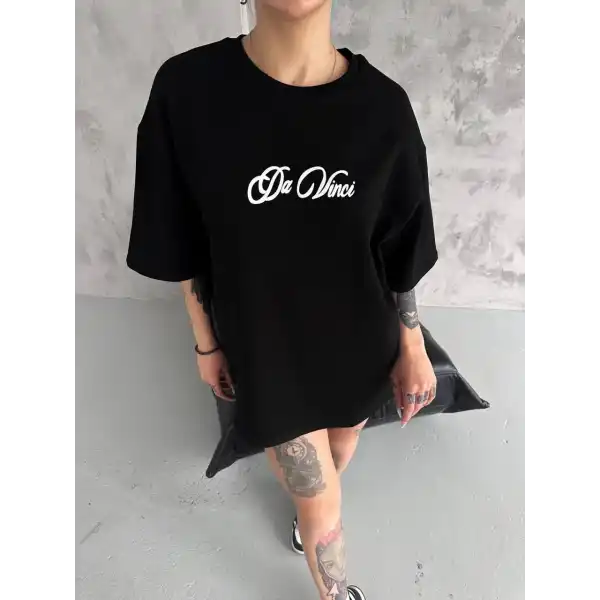 Kadın Baskılı T-Shirt Kısa Kol Bisiklet Yaka Oversize Rahat Kalıp Günlük Tişört - Siyah