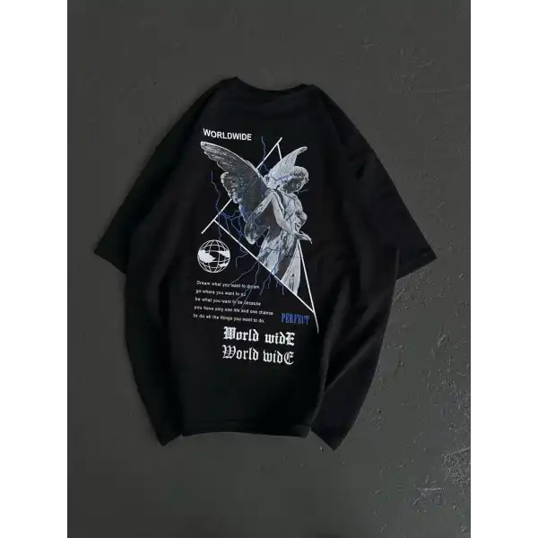 Kadın Baskılı T-Shirt Kısa Kol Bisiklet Yaka Oversize Rahat Kalıp Günlük Tişört   - Siyah