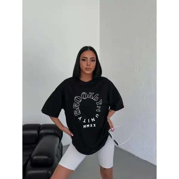 Kadın Baskılı T-Shirt Kısa Kol Bisiklet Yaka Oversize Rahat Kalıp Günlük Tişört - Siyah