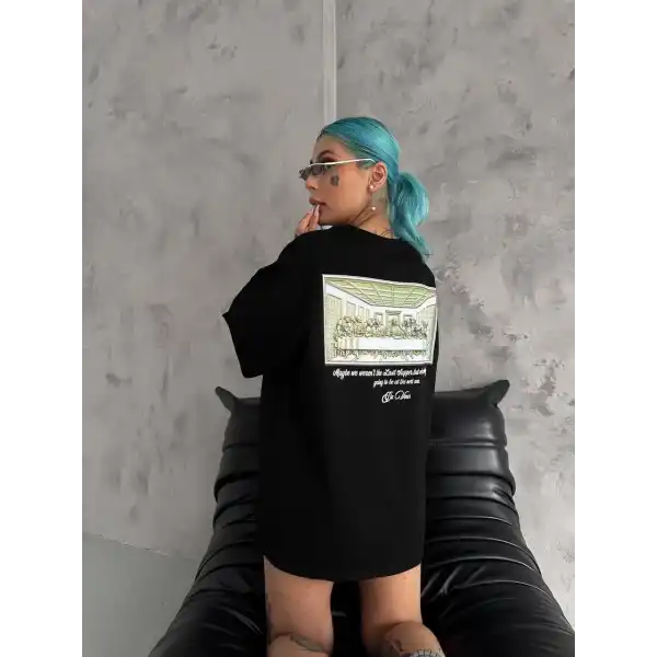 Kadın Baskılı T-Shirt Kısa Kol Bisiklet Yaka Oversize Rahat Kalıp Günlük Tişört - Siyah