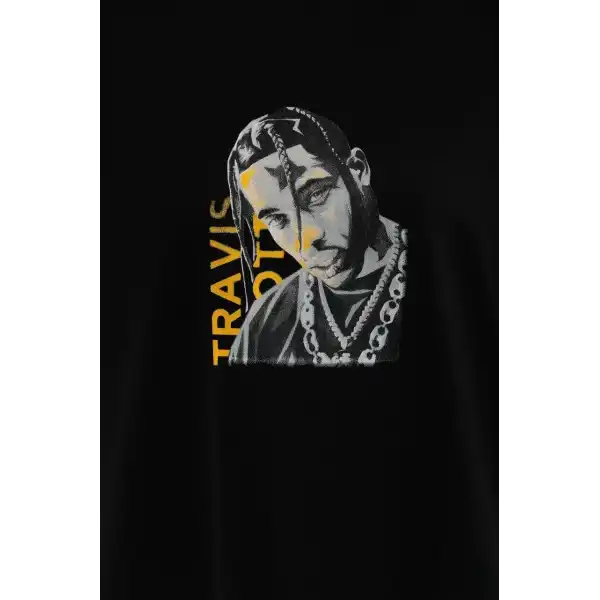 Kadın Baskılı T-Shirt Kısa Kol Bisiklet Yaka Oversize Rahat Kalıp Günlük Tişört - Siyah