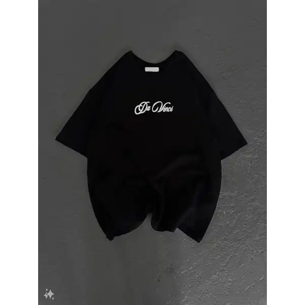 Kadın Baskılı T-Shirt Kısa Kol Bisiklet Yaka Oversize Rahat Kalıp Günlük Tişört - Siyah
