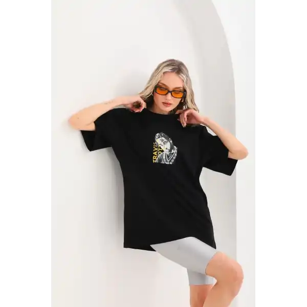 Kadın Baskılı T-Shirt Kısa Kol Bisiklet Yaka Oversize Rahat Kalıp Günlük Tişört - Siyah