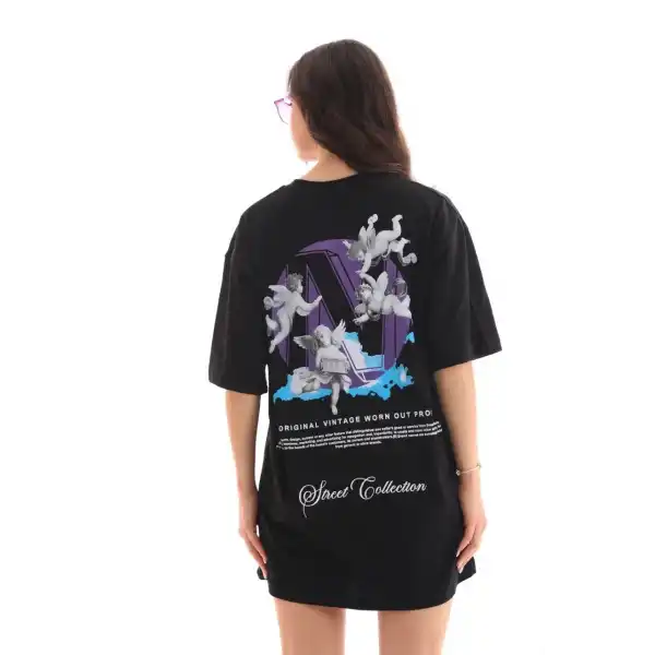 Kadın Baskılı T-Shirt Kısa Kol Bisiklet Yaka Oversize Rahat Kalıp Günlük Tişört - Siyah