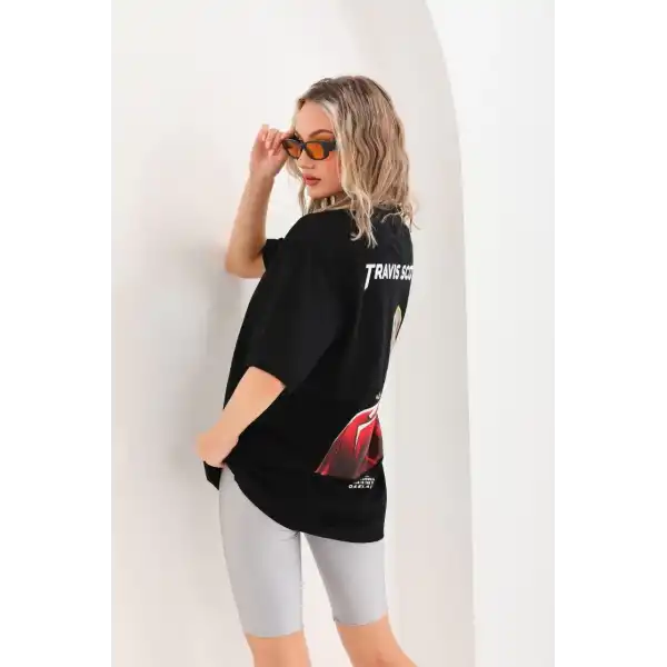 Kadın Baskılı T-Shirt Kısa Kol Bisiklet Yaka Oversize Rahat Kalıp Günlük Tişört - Siyah