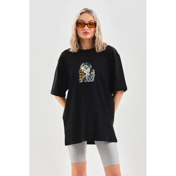 Kadın Baskılı T-Shirt Kısa Kol Bisiklet Yaka Oversize Rahat Kalıp Günlük Tişört - Siyah