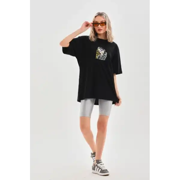Kadın Baskılı T-Shirt Kısa Kol Bisiklet Yaka Oversize Rahat Kalıp Günlük Tişört - Siyah