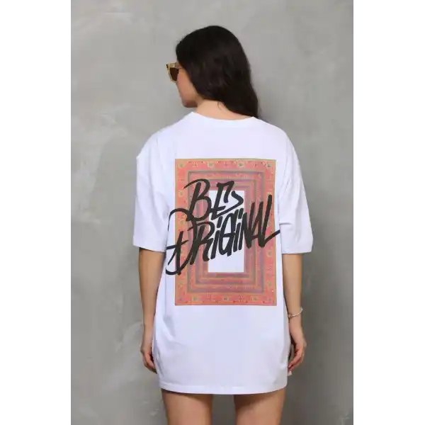 Kadın Baskılı T-Shirt Kısa Kol Bisiklet Yaka Oversize Rahat Kalıp Tişört - Beyaz
