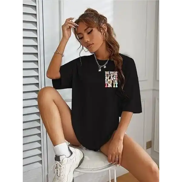 Kadın Baskılı T-Shirt Kısa Kol Bisiklet Yaka Oversize Rahat Kalıp Tişört - Siyah