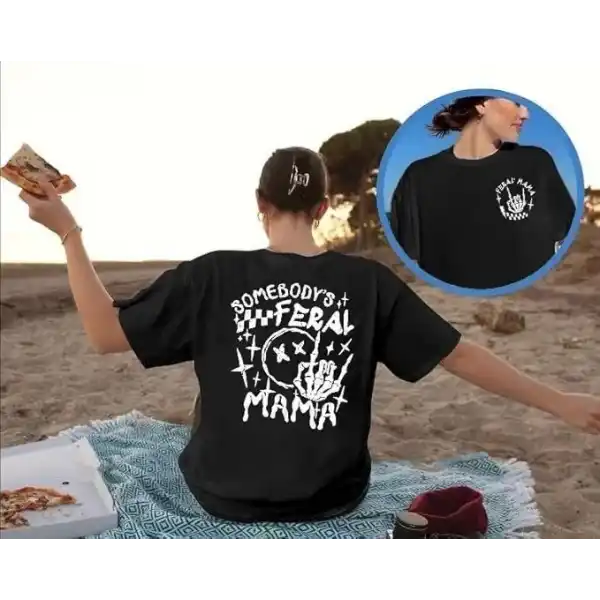 Kadın Baskılı T-Shirt Kısa Kol Bisiklet Yaka Oversize Rahat Kalıp Tişört - Siyah
