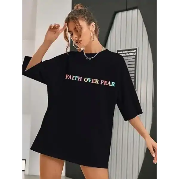 Kadın Baskılı T-Shirt Kısa Kol Bisiklet Yaka Oversize Rahat Kalıp Tişört - Siyah