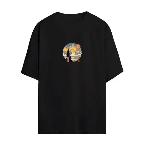 Kadın Baskılı T-Shirt Kısa Kol Bisiklet Yaka Oversize Rahat Kalıp Tişört - Siyah