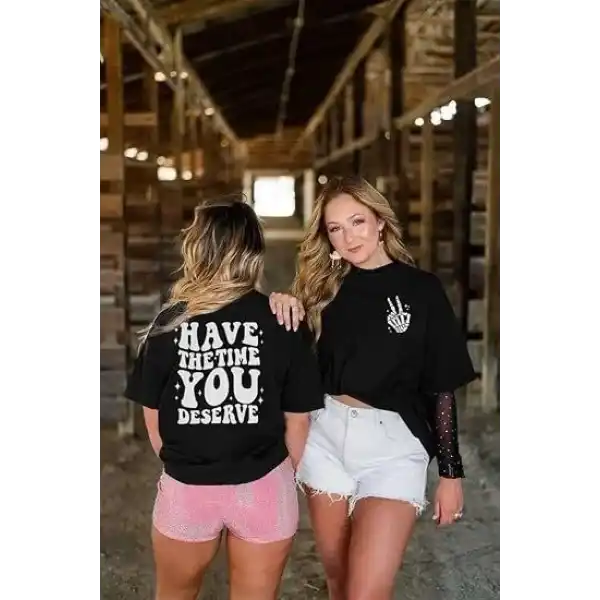 Kadın Baskılı T-Shirt Kısa Kol Bisiklet Yaka Oversize Rahat Kalıp Tişört - Siyah