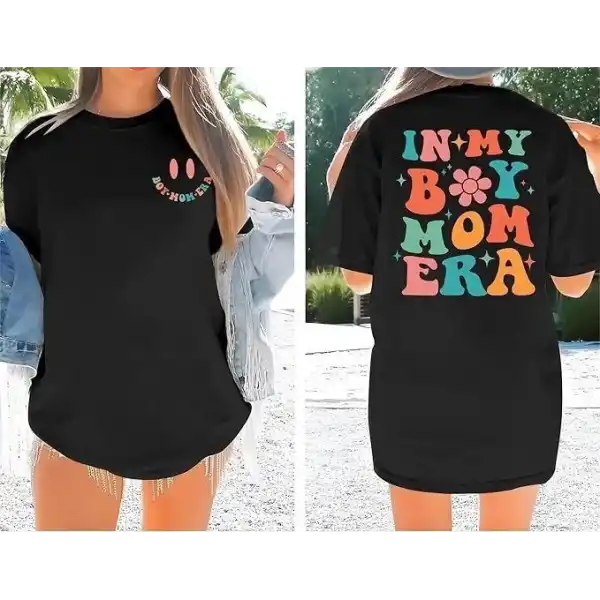 Kadın Baskılı T-Shirt Kısa Kol Bisiklet Yaka Oversize Rahat Kalıp Tişört - Siyah