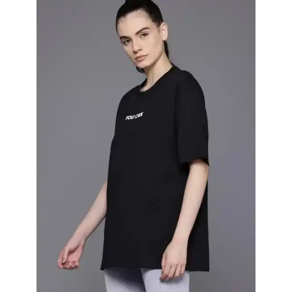 Kadın Baskılı T-Shirt Kısa Kol Bisiklet Yaka Oversize Rahat Kalıp Tişört - Siyah