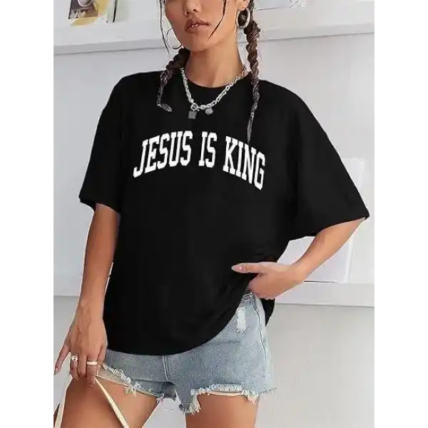 Kadın Baskılı T-Shirt Kısa Kol Bisiklet Yaka Oversize Rahat Kalıp Tişört - Siyah