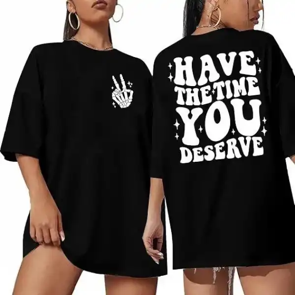 Kadın Baskılı T-Shirt Kısa Kol Bisiklet Yaka Oversize Rahat Kalıp Tişört - Siyah