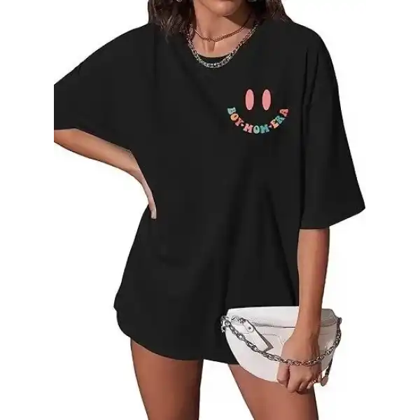Kadın Baskılı T-Shirt Kısa Kol Bisiklet Yaka Oversize Rahat Kalıp Tişört - Siyah