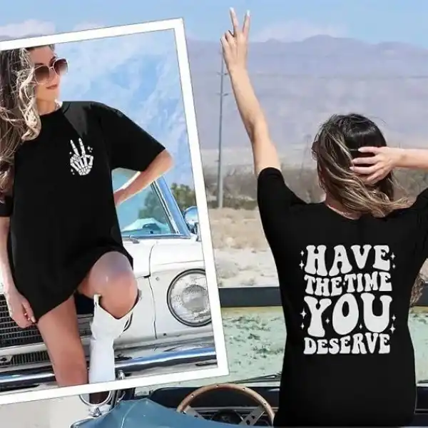 Kadın Baskılı T-Shirt Kısa Kol Bisiklet Yaka Oversize Rahat Kalıp Tişört - Siyah