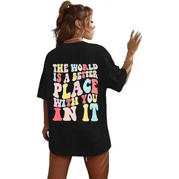 Kadın Baskılı T-Shirt Kısa Kol Bisiklet Yaka Oversize Rahat Kalıp Tişört - Siyah
