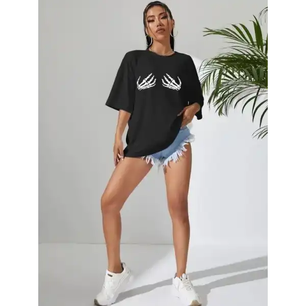 Kadın Baskılı T-Shirt Kısa Kol Bisiklet Yaka Oversize Rahat Kalıp Tişört - Siyah