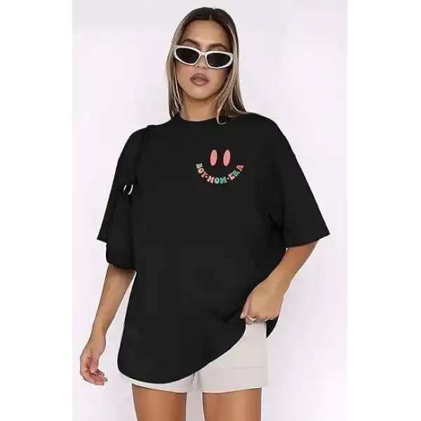 Kadın Baskılı T-Shirt Kısa Kol Bisiklet Yaka Oversize Rahat Kalıp Tişört - Siyah